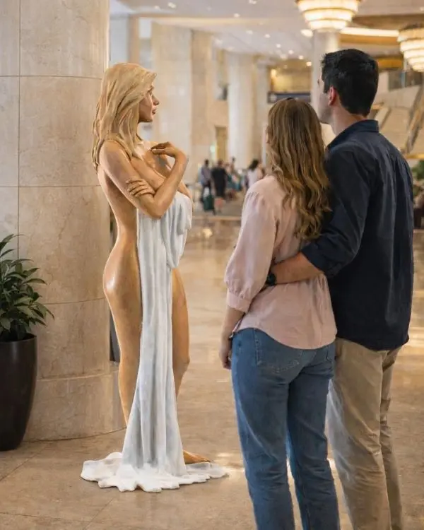 Sculpture en bronze d’une femme debout tenant un drapé, dans un hall d'hôtel